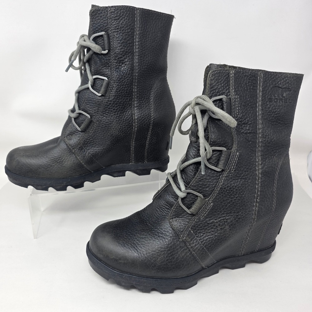 Sorel Joan of Arctic Wedge II Boots Womens 8 Black Leather Lace Up NL3491-052